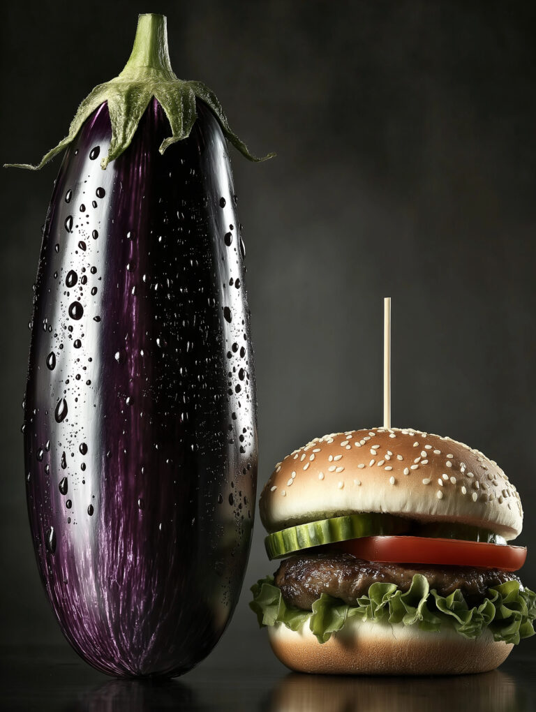 A dramatic, cinematic image combining an aubergine and a hamburger with its juicy, is juxtaposed, arranged in a suggestive manner. The image should be set in a moody, low-light setting with dramatic shadows to enhance the edgy, modern aesthetic. --chaos 70 --ar 3:4 --style raw --weird 2100 --v 6.1 Job ID: ca087148-f71f-4705-acbd-3b039e93f489