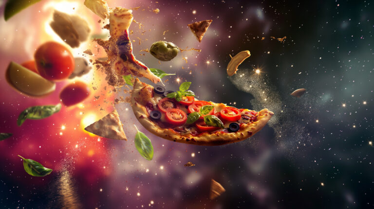 liminal aesthetic image, very elegant image of a Pizza is in space, different ingredients are flying around it, very detcalized, very realistic, 8k --chaos 9 --ar 16:9 --style raw --stylize 50 --v 6 Job ID: 627e038c-cd42-47b1-a9ea-de9135517f61