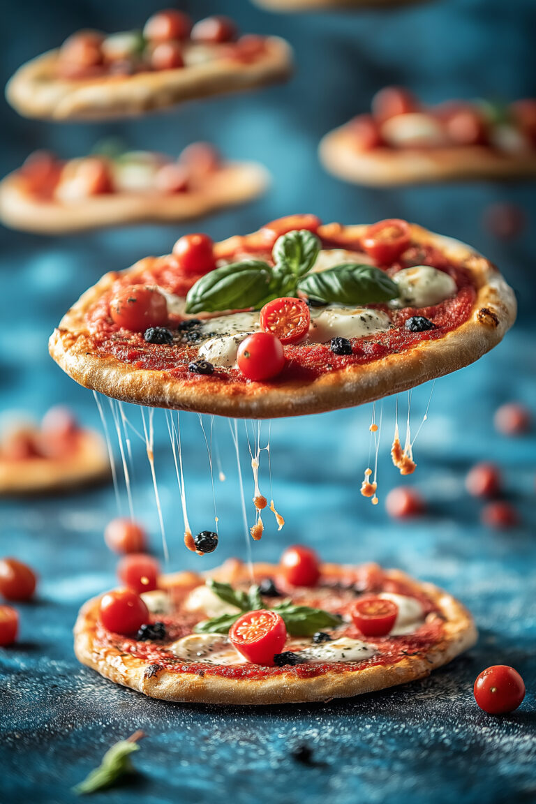 https://s.mj.run/DNtIQ99Dxz8 Professional photography of several small Neapolitan pizzas with tomatoes, mozzarella and basil floating in the atmosphere, among shimmers, on a blue background, floating effect depth of field, sharp image --chaos 10 --ar 2:3 --style raw --personalize 1ziyqku --stylize 250 --weird 300 --v 6.1 Job ID: 6c219afb-4676-4dba-8c14-4ceb871c3fe4