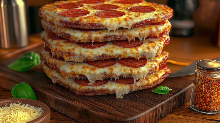 https://s.mj.run/W7Kol7dVJAI Create a 3D, realistic image of a mouth-watering pizza tower featuring alternating layers of pepperoni pizza and cheese pizza slices, stacked high on a rustic wooden board. The crispy, golden crusts of each slice are perfectly browned, with melted mozzarella cheese stretching between the layers. The pepperoni slices are rich and savory, with the cheese pizza providing a classic, gooey contrast. Next to the pizza tower, place a small, clear container of grated Parmesan cheese, ready to be sprinkled over the top. Beside it, add a glass shaker of crushed red pepper flakes and a small dish of dried oregano, allowing for customized seasoning. The vibrant red pepper flakes and aromatic oregano add color and flavor to the scene. The background is a cozy kitchen or pizzeria setting with warm, natural lighting that highlights the rich colors and textures of the pizzas. A wooden table or countertop beneath the tower adds to the rustic feel, with a pizza cutter and a few fresh basil leaves scattered nearby for added detail. The overall scene should evoke a sense of indulgence and comfort, capturing the irresistible appeal of a towering stack of pepperoni and cheese pizza slices with all the classic toppings and seasonings --chaos 10 --ar 16:9 --style raw --personalize 1ziyqku --stylize 800 --weird 300 --v 6.1 Job ID: 3cec8e25-0087-44e5-85a8-285b1d812660