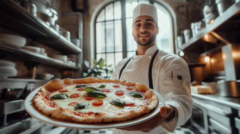 https://s.mj.run/lAj4_wdx6tw photo of a chef holding a napoli pizza and showing it to the camera. Kitchen of fancy restaurant. Italian restaurant. cool. classic. fine dining. authentic italian. colored. color grading. restaurant professional photoshoot. industrial kitchen. --chaos 10 --ar 16:9 --style raw --personalize 1ziyqku --stylize 800 --weird 300 --v 6.1 Job ID: cee0aa0e-7e34-460f-8668-18e3f0f6babf