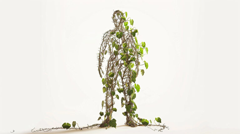 few vines growing in the shape of a man, front face, full body, white background --ar 16:9 --stylize 50 --v 6 Job ID: dc9fd94f-7f0c-495b-a518-8659a3427166